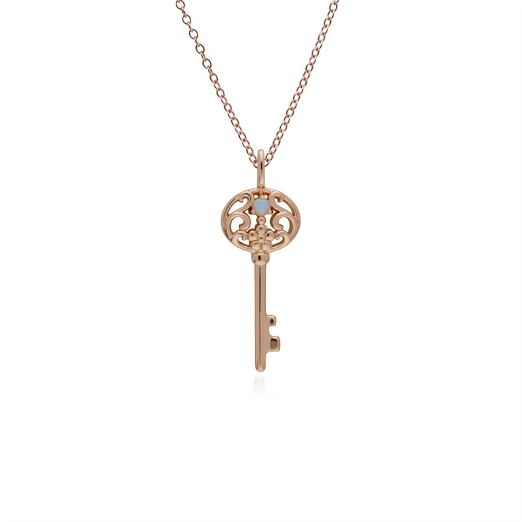 Pendentif Classique Cadenas Cœur Torsadé Argent 925 Plaqué Or Rose et Charms Grande Clé Opale