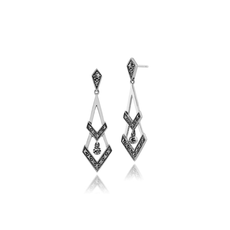 Boucles d'Oreilles Pendantes Style Art Déco Triangle Ajouré Argent 925 Marcassites