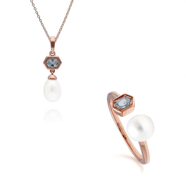 Bague et Pendentif Perle Moderne Argent 925 Plaqué Or Rose Topaze Bleue et Perle