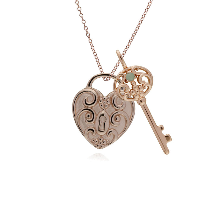 Pendentif Classique Cadenas Cœur Torsadé Argent 925 Plaqué Or Rose et Charms Grande Clé Jade