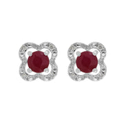 Boucles d'Oreilles Clou Rubis Classique Or Blanc 375 et Ear-Jacket Fleur Diamant