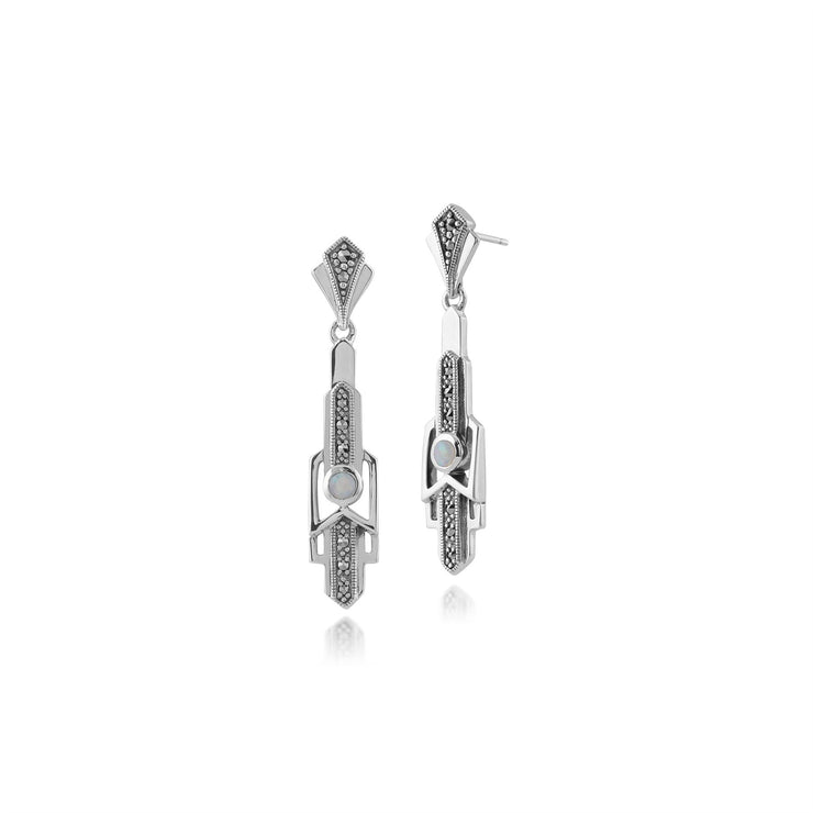 Boucles d'Oreilles Pendantes Style Art Déco Eventail Ajouré Argent 925 Marcassites