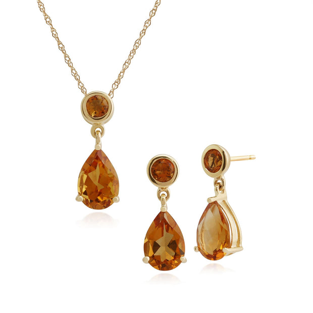 Pendentif et Boucles d'Oreilles Pendantes Classique Or Jaune 375 Citrine Ronde et Poire