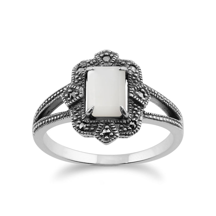 Bague Style Art Déco Argent 925 avec Nacre et Marcassite