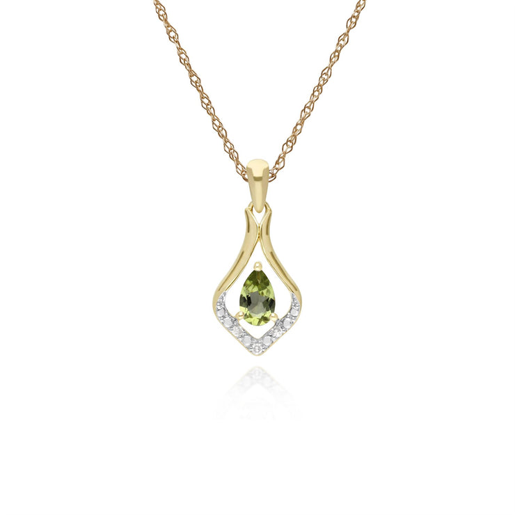 Péridot Collier, 9 CT or Jaune Rond Peridot & Diamant Classique Feuille Pendentif sur 45cm Chaîne