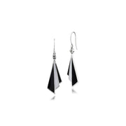 Boucles d'Oreilles Eventail Triangulaire Pendantes Style Art Déco Argent 925 marcassite, Email Noire et Blanche