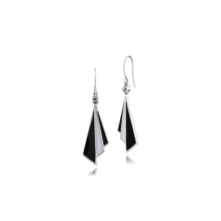 Boucles d'Oreilles Eventail Triangulaire Pendantes Style Art Déco Argent 925 marcassite, Email Noire et Blanche