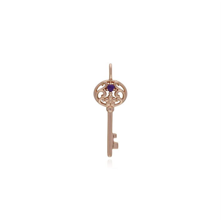 Pendentif Classique Cadenas Cœur Torsadé Argent 925 Plaqué Or Rose et Charms Grande Clé Améthyste