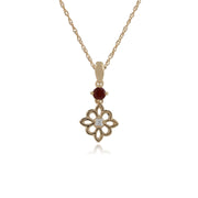 Boucles d'Oreilles Pendantes et Pendentif Floral Or Jaune 375 Grenat et Diamant
