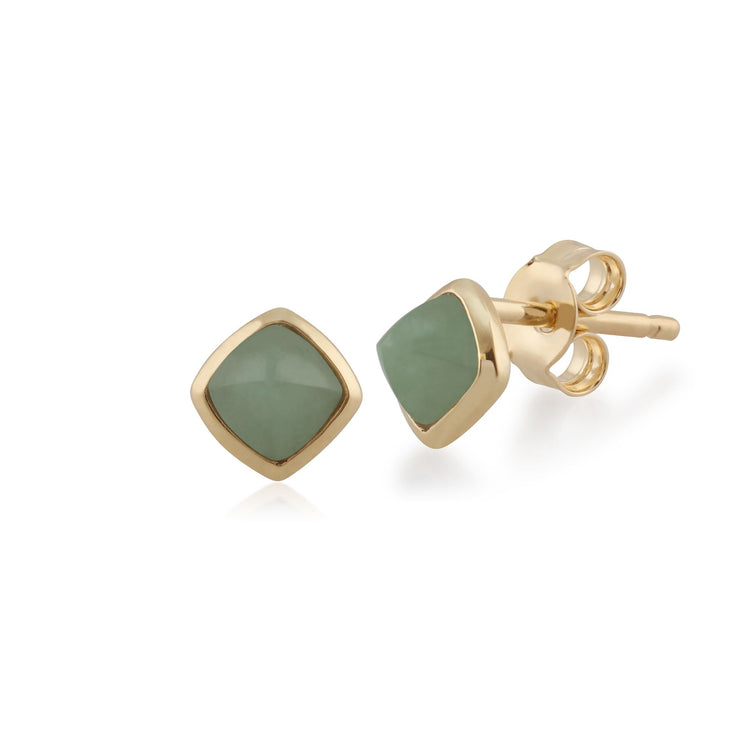 Boucles d'Oreilles Clou Classique Or Jaune 375 Jade Verte Coussin Serti Clos