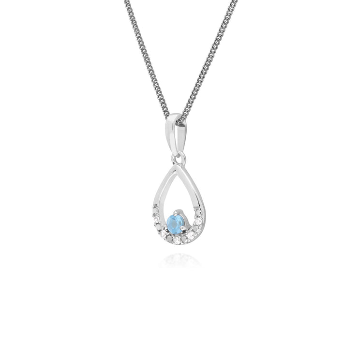 9 ct or Blanc Unique Topaze Bleu et Diamant Poire Pendentif sur 45cm Chaîne