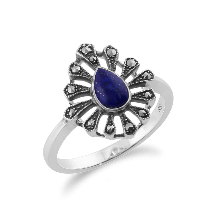 Gemondo 925 Sterling Silver 0.30ct Lapis Lazuli & Marcassite Art Déco Bague