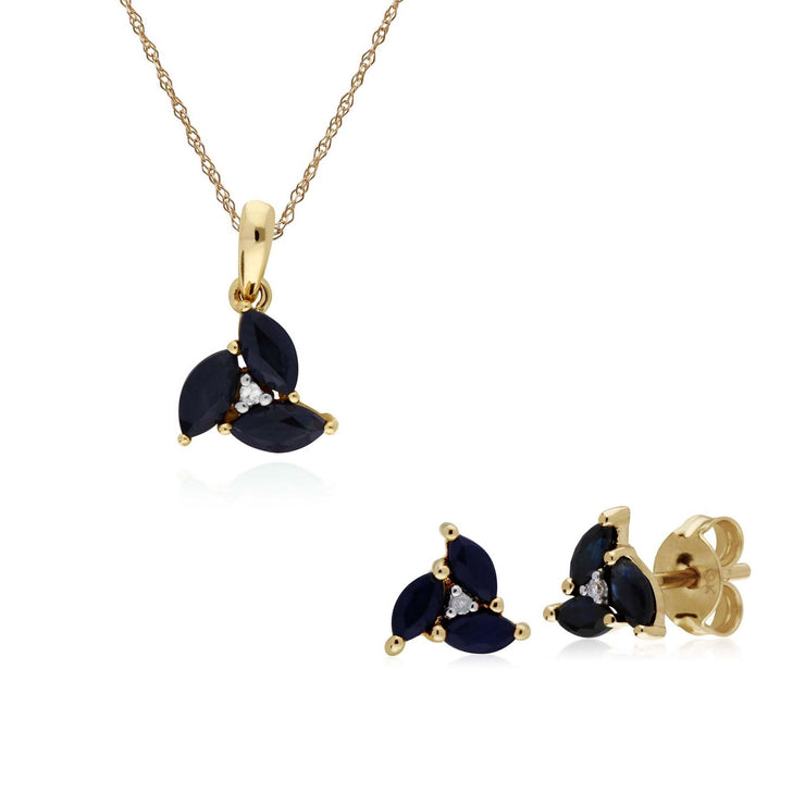 Pendentif et Boucles d'Oreilles Clou Classique Or Jaune 375 Saphir Marquise Cluster