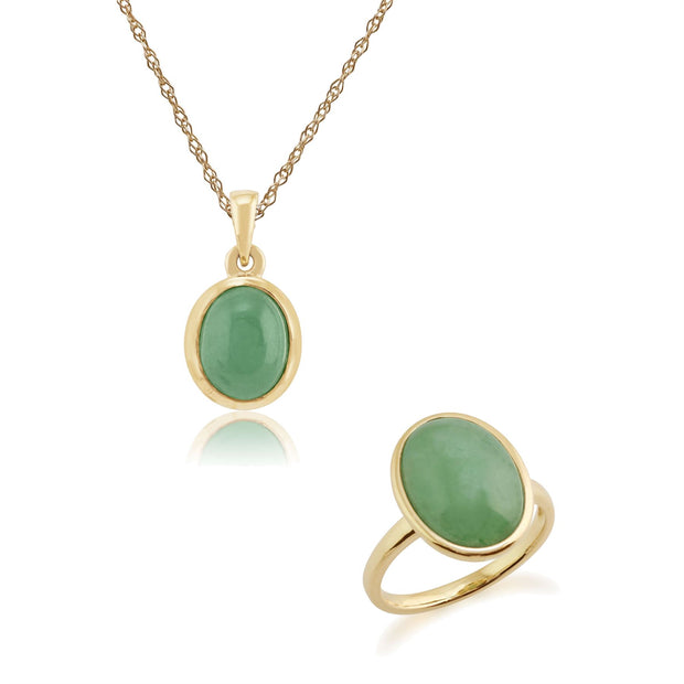 Pendentif et Bague Classique Or Jaune 375 Jade sertis Clos