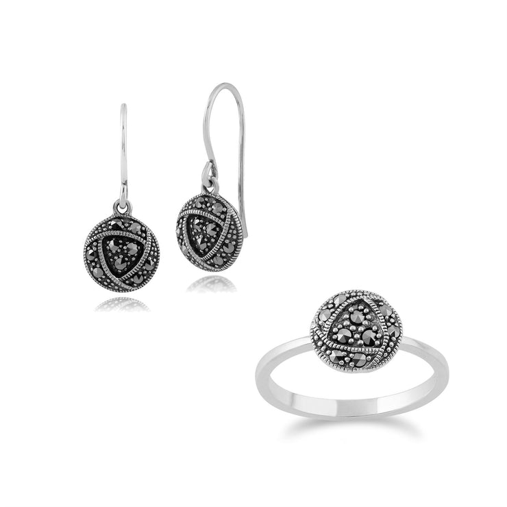 Boucles d'Oreilles Pendantes et Bague Style Rennie Mackintosh Argent 925 Rose de Glasgow marcassite Ronde