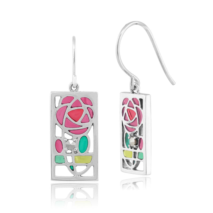 Boucles d'Oreilles Pendantes Style Rennie Mackintosh Argent 925 Marcassite et Email Rose