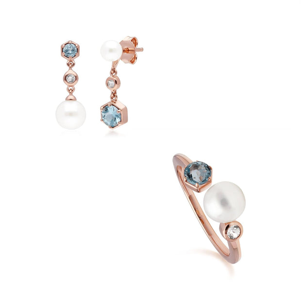 Bague et Boucles d'Oreilles Perle Moderne Argent 925 Doré à l'Or Fin Rose Topaze et Perle