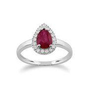 Bague et Pendentif Classique Or Jaune 375 Rubis Poire et Diamant Halo