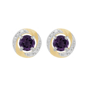 Boucles d'Oreilles Clou Améthyste Classique Or Blanc 375 et Ear-Jacket Halo Diamant Or Jaune 375