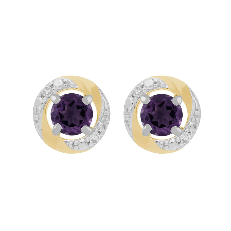 Boucles d'Oreilles Clou Améthyste Classique Or Blanc 375 et Ear-Jacket Halo Diamant Or Jaune 375
