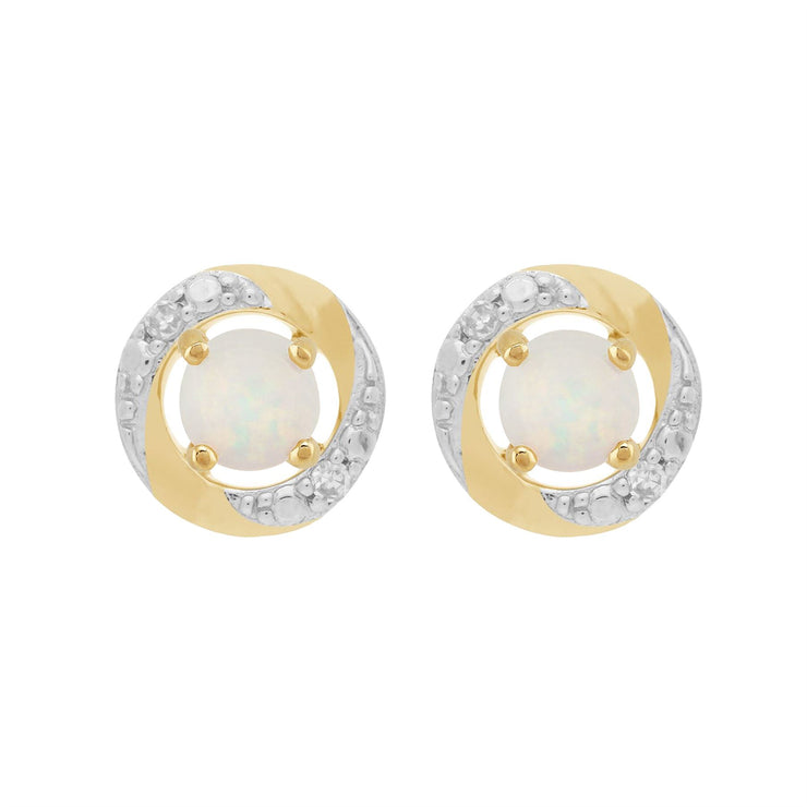 Boucles d'Oreilles Clou Opale Classique Or Jaune 375 et Ear-Jacket Halo Diamant