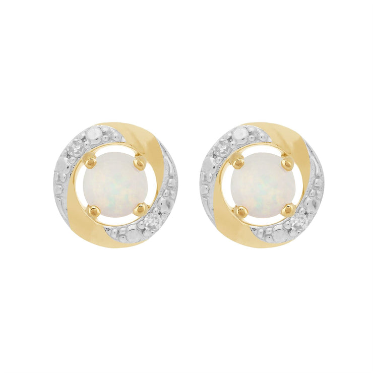 Boucles d'Oreilles Clou Opale Classique Or Jaune 375 et Ear-Jacket Halo Diamant