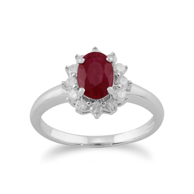 Bague Classique Or Blanc 375 Rubis Poire et Diamand halo