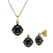 Boucles d'Oreilles Clou et Pendentif Carré Classique Or Jaune 375 Saphir et Diamant Cluster