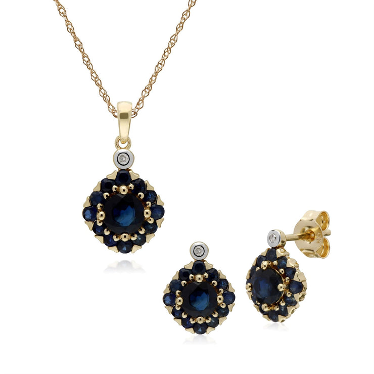 Boucles d'Oreilles Clou et Pendentif Carré Classique Or Jaune 375 Saphir et Diamant Cluster