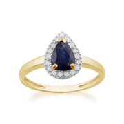 Pendentif et Bague Classique Or Jaune 375 Saphir Poire et Diamant Halo