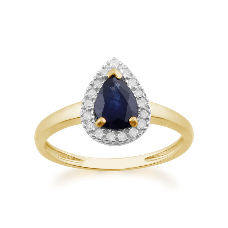 Pendentif et Bague Classique Or Jaune 375 Saphir Poire et Diamant Halo
