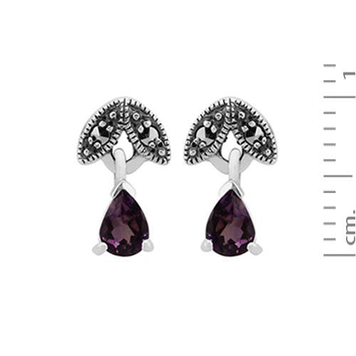Boucles d'Oreilles Pendantes Style Art Nouveau Argent 925 Améthyste Poire et Marcassite