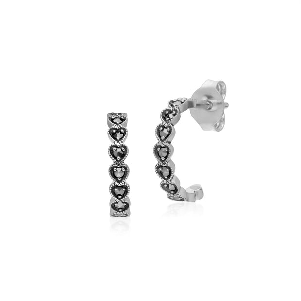 Boucles d'Oreilles Géométrique Cœur Demi-Créoles Argent 925 Marcassite