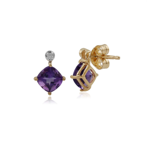 Boucles d'Oreilles Clou Classique Or Jaune 375 Améthyste Carrée et Diamant