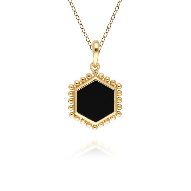 Pendentif Flat Slice Hexagone Argent 925 Plaqué Or Onyx Noire