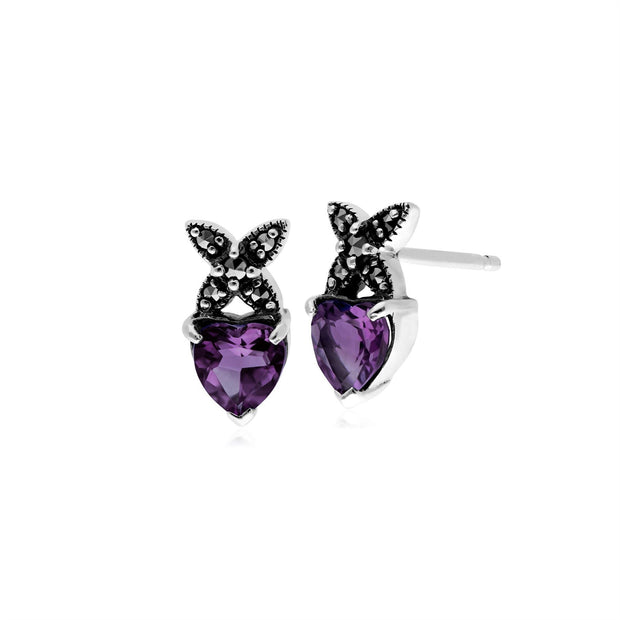 Boucles d'Oreilles Clou Cœur Classique Argent 925 Améthyste et Marcassite