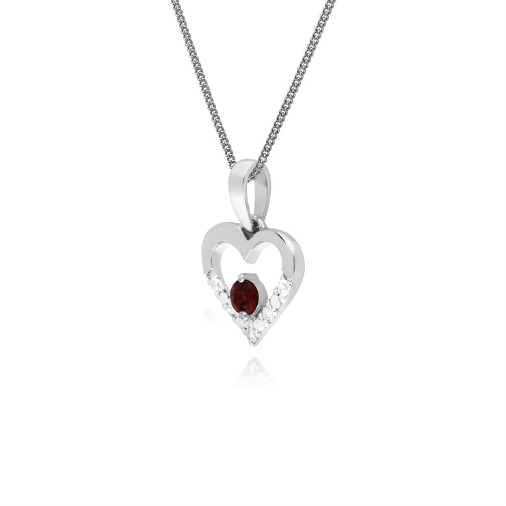 s 9 CT or Blanc Unique Grenat et Diamant Coeur Pendentif sur 45cm Chaîne