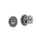 Boucles d'Oreilles Style Art Déco Argent 925 Topaze Bleu Oval et Marcassite Halo