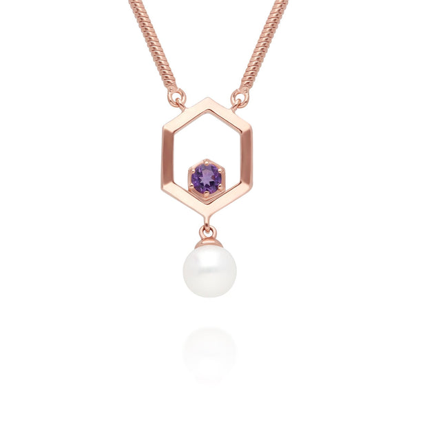 Collier Perle Moderne Argent 925 Plaqué Or Rose Perle et Améthyste Hexagonale
