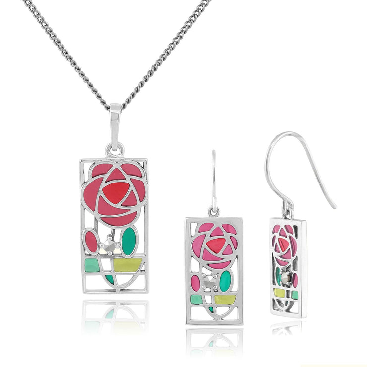 Collier et Boucles d'Oreilles Pendantes Style Rennie Mackintosh Argent 925 Rose de Glasgow Rectangle Email