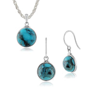 Pendentif et Boucles d'Oreilles Pendantes Style Boho Argent 925 Turquoise  Cabochon Rond