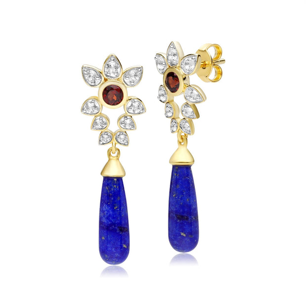 Gemondo Boucles D'Oreilles Pendantes Florales ECFEW™ 'The Creator' Lapis Lazuli Topaze Blanche et Grenat