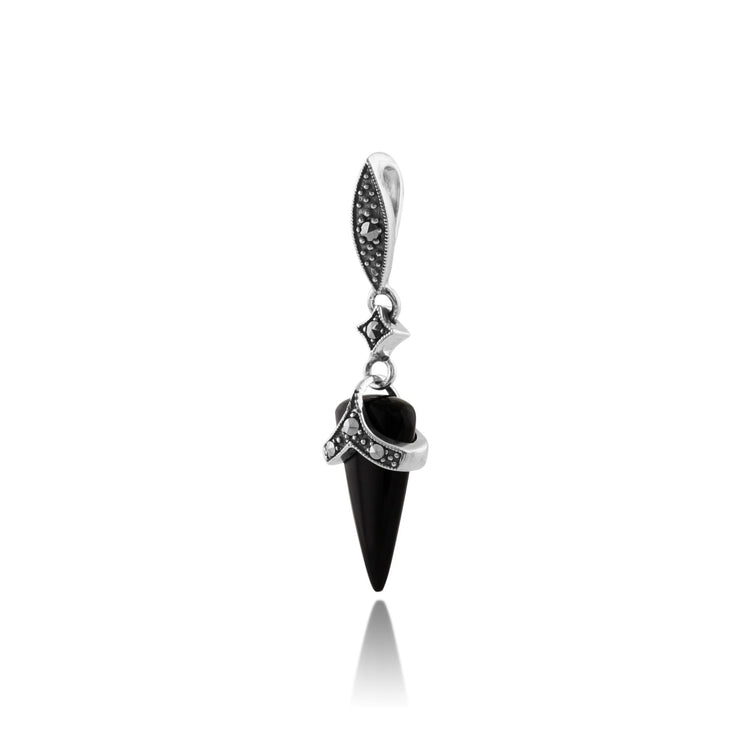 Pendentif et Boucles d'Oreilles Pendantes Style Art Déco Argent 925 Onyx Noire et Marcassite