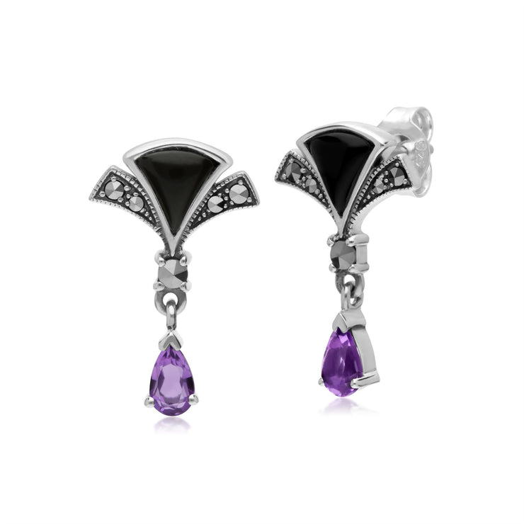 s Argent Sterling Poire Améthyste, Onyx Noir et Marcassite Éventail Boucles D'Oreilles Goutte
