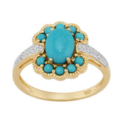 9 Ct Or Jaune 1.24ct CT Naturel Turquoise & 1.6pt Bague nombreux diamants