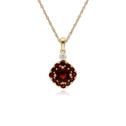 Boucles d'Oreilles Clou et Pendentif Carré Classique Or Jaune 375 Grenat et Diamant Cluster