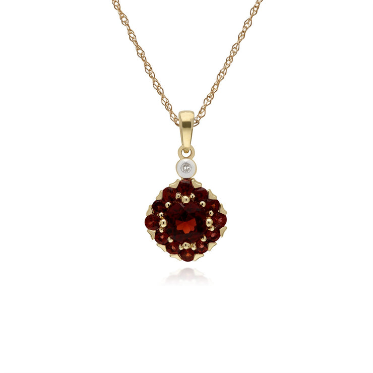 Boucles d'Oreilles Clou et Pendentif Carré Classique Or Jaune 375 Grenat et Diamant Cluster