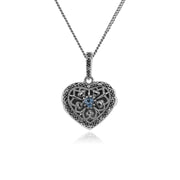 Collier Cœur Porte-Photo Style Art Nouveau Argent 925 Aigue-Marine et Marcassite