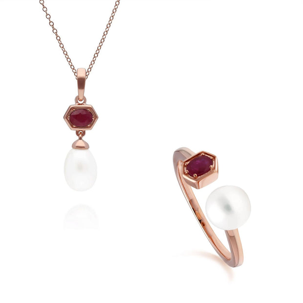 Bague et Pendentif Perle Moderne Argent 925 Plaqué Or Rose Rubis et Perle