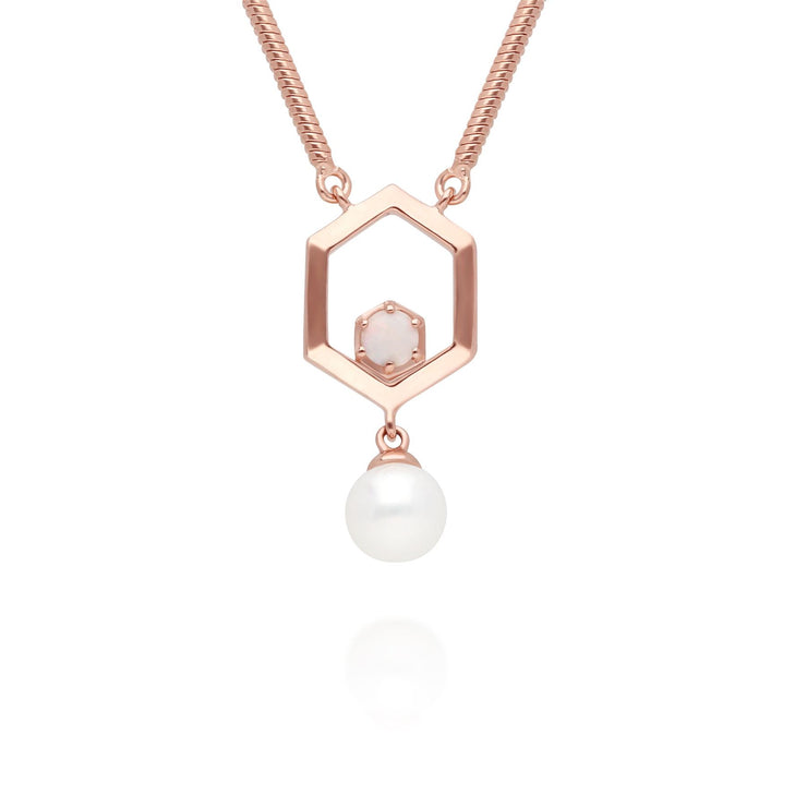 Collier Perle Moderne Argent 925 Plaqué Or Rose Perle et Opale Hexagonal